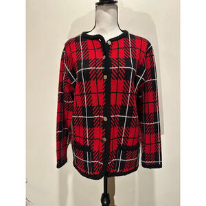 Vintage Tally Ho Plaid Cardigan | 90s Preppy Knit Sweater | Red Black M
